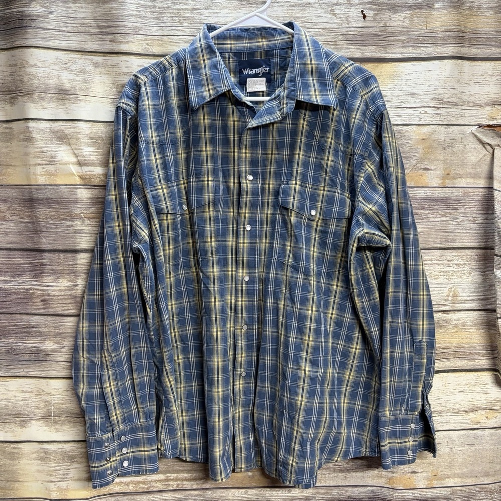 Wrangler Mens XL Long Sleeve Plaid Western Pearl Snap Shirt Blue MWR009M